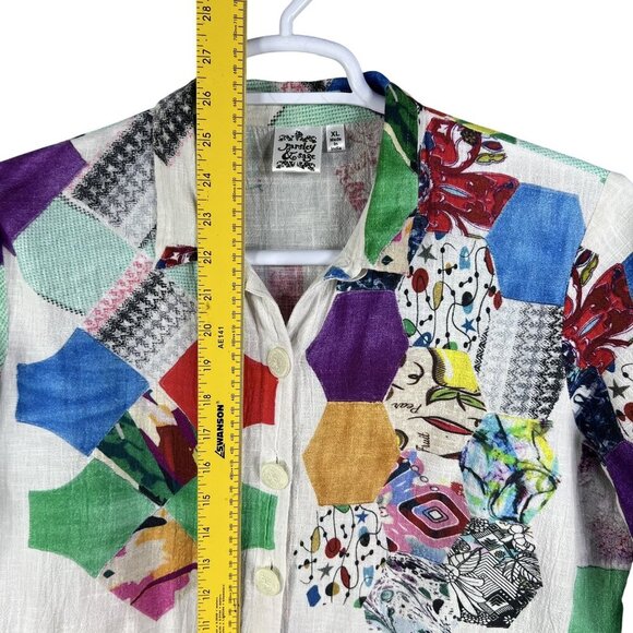 Parsley & Sage XL Bohemian Patchwork Ruffle Hi Lo Blouse Roll Tab Sleeve Artsy - Picture 13 of 16